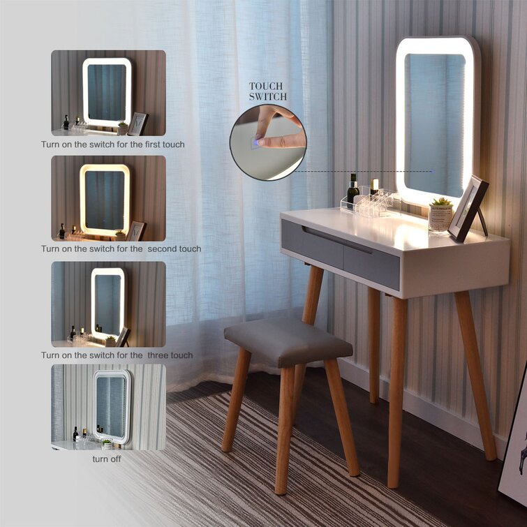 Vanity table set with adjustable best sale brightness mirror and cushioned stool